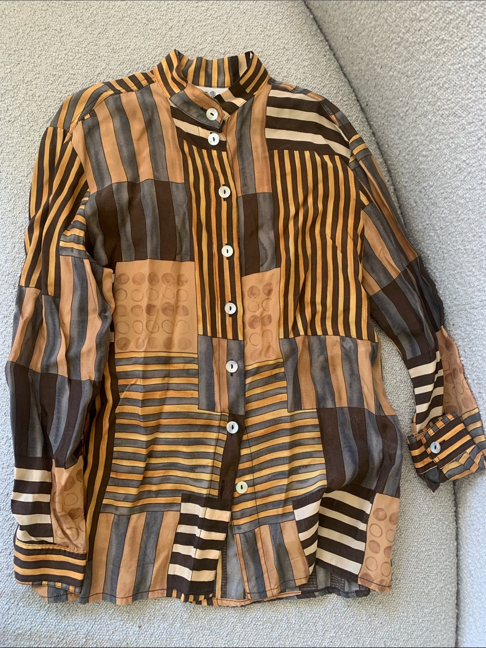 100% Cupro Patchwork Stripe Button-Up Shirt in Brown & Tan
